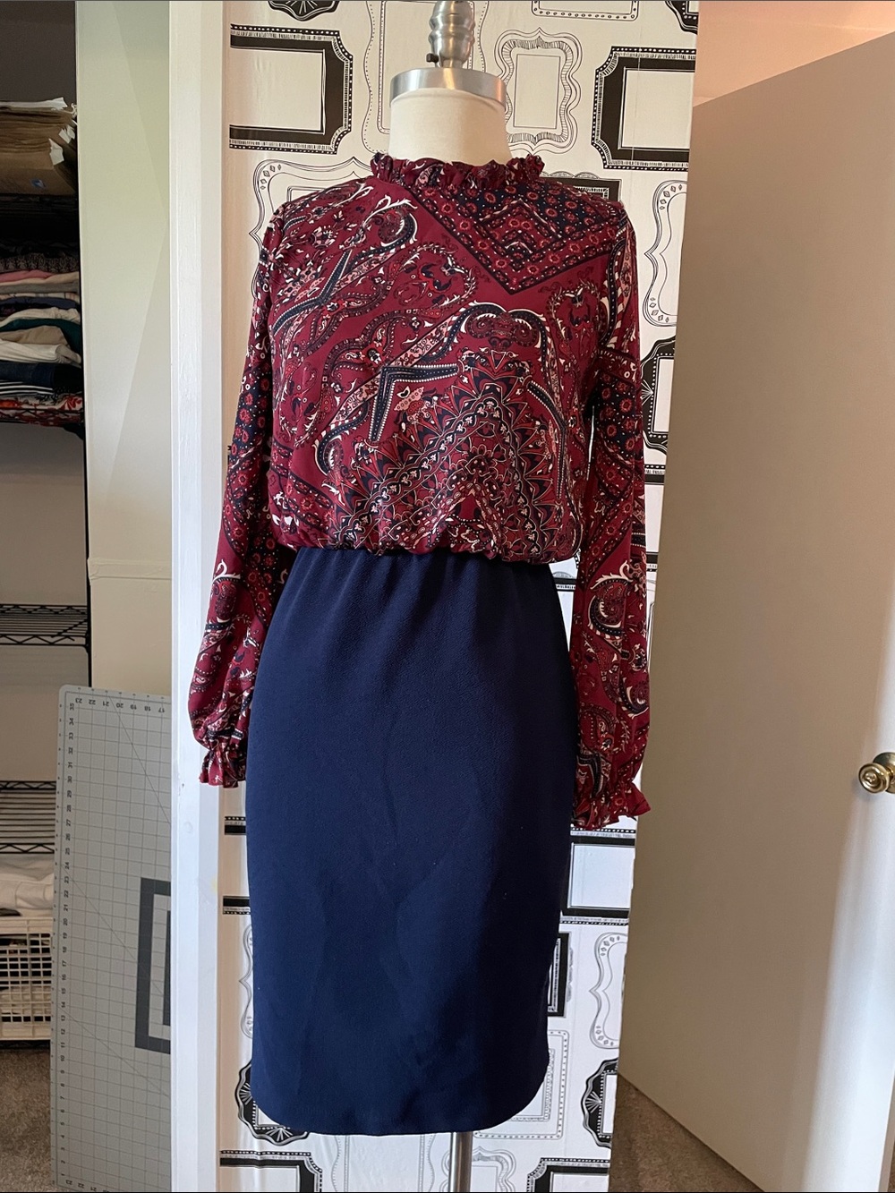 bailey blue Burgundy Paisley Top with Navy Skirt Two-Piece Dress